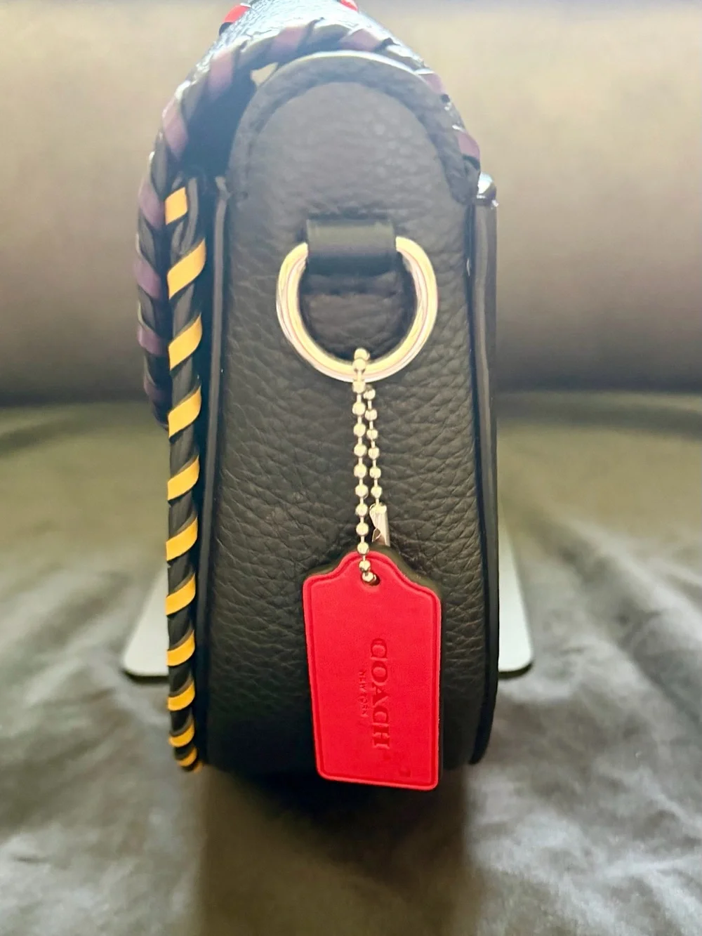 Coach Black Leather Crossbody with Pink, Yellow & Red Stitching